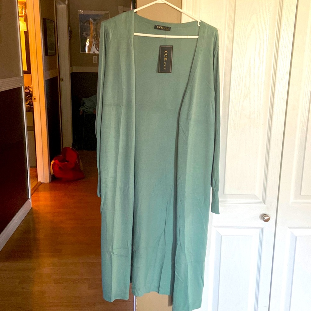 Sage green long cardigan.  No buttons. new. XL but fits more like a large.